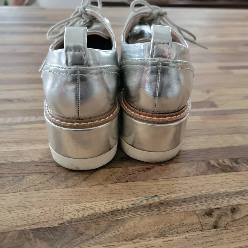 Zara Basic Platform Metallic Silver Mirror Oxfor Brogues Lace Up Shoes